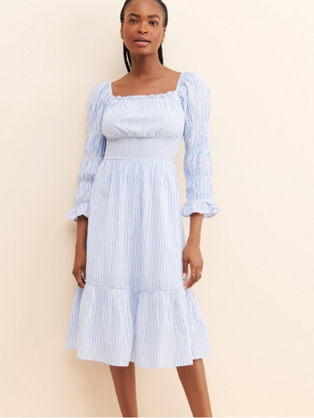 RAHI Stripe Nap Dress Blue White Midi Cotton Puff Sleeve Smocked XL Cottagecore
